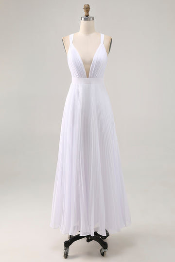 White Chiffon A-Line Pleated V-Neck Long Formal Dress